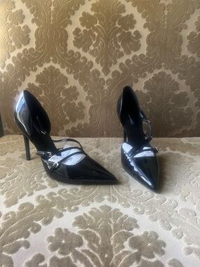 Nine West Black Patent Pointed Toe Strappy Stiletto Heels